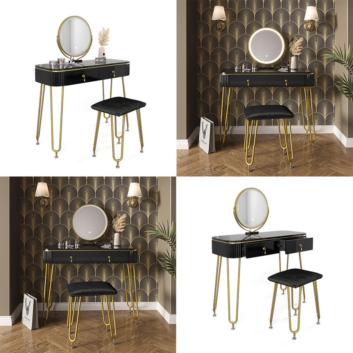 SCHMINKTISCH Grace Schwarz 100 cm mit LED Beleuchtung und Hocker - Schwarz, Holzwerkstoff (100/126/40cm) - Vicco