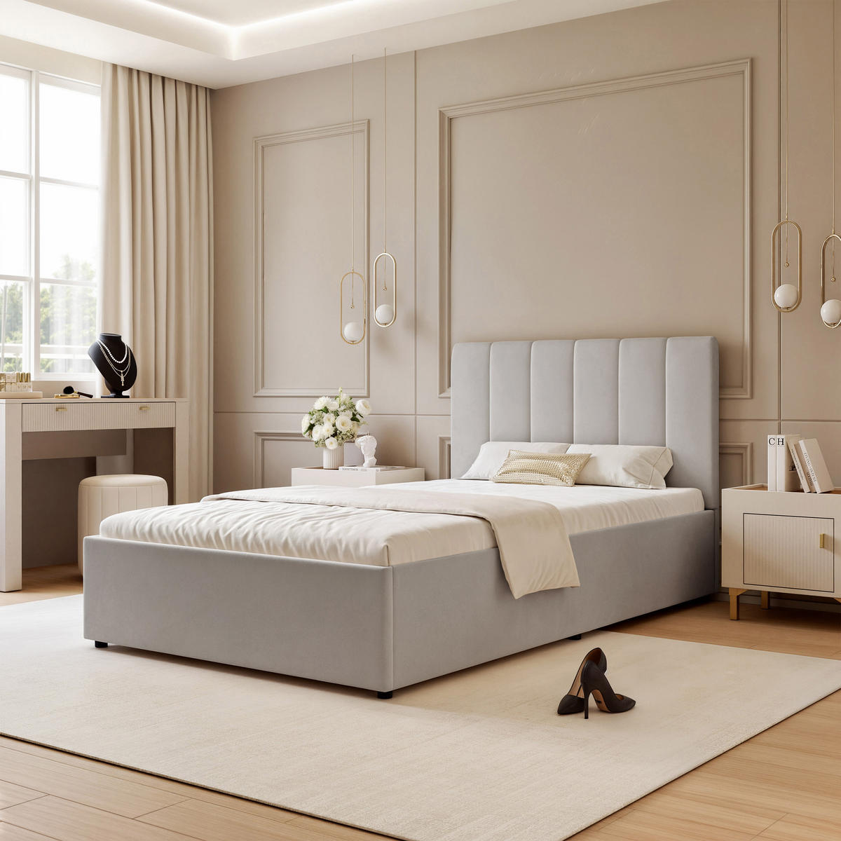 POLSTERBETT AVENA 120/200 cm Bettkasten, Hellgrau - Hellgrau/Schwarz, Holzwerkstoff/Textil (120/200cm) - Idohome