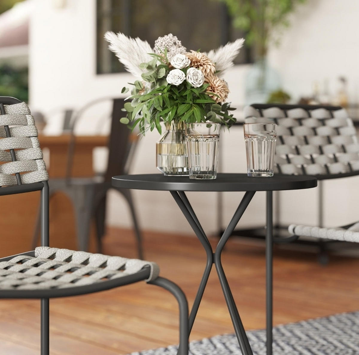 BISTROSET 46/60/80 cm grau aus Stahl mit 2 stapelbaren Stühlen - Grau, Metall - OKWISH