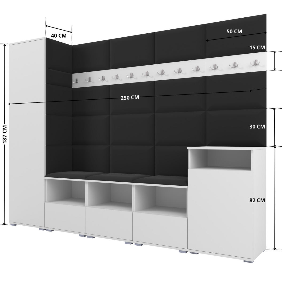 GARDEROBE NELA XI 250 cm (Modulare Flurmöbel Weiß mit Sitzpolster Schwarz 16 Großes Set) - Silberfarben/Schwarz, Holz/Holzwerkstoff (250/187/40cm) - Ravio