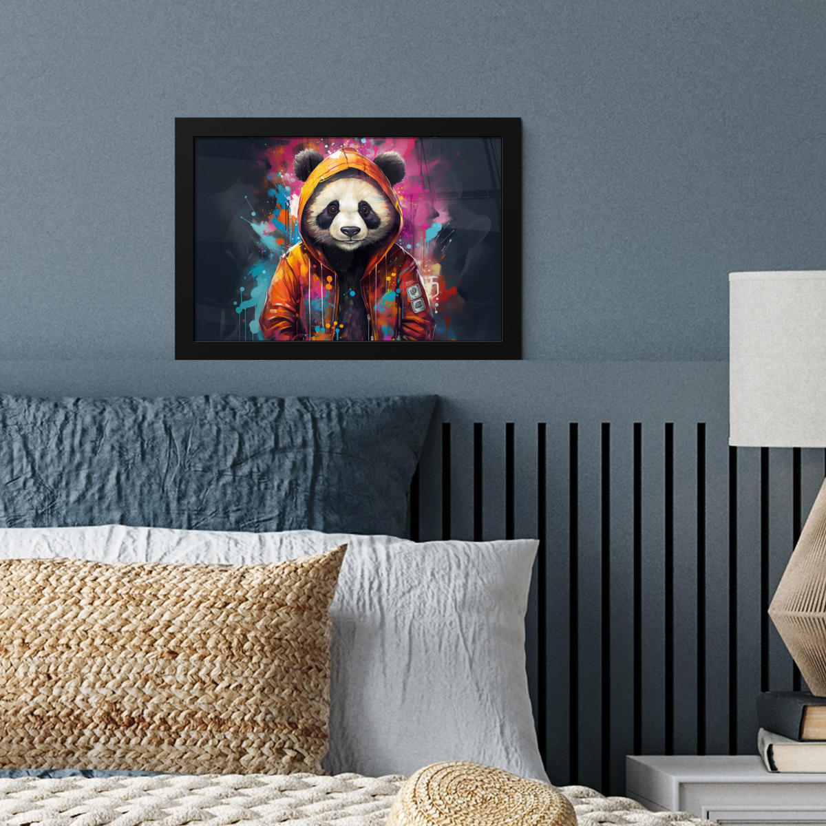 POSTER MIT RAHMENGERAHMTES BILD Panda - Jacke - Graffiti - Orange 30x20 cm - Orange, Papier (30/20cm) - MuchoWow