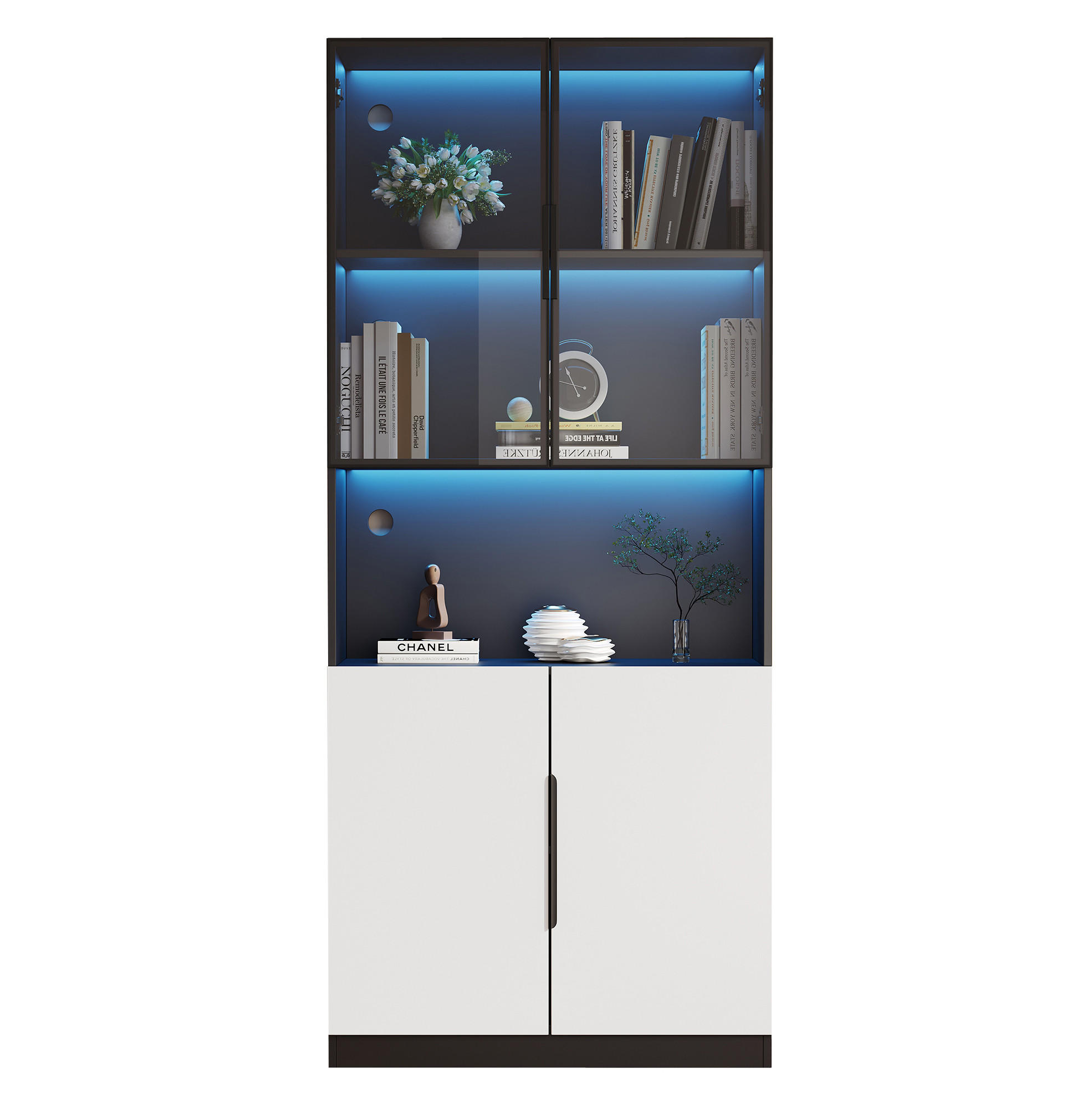 OKWISH VITRÍNA 160/30/200 cm bílá z dřevotřísky s LED osvětlením a skleněnými dvířky