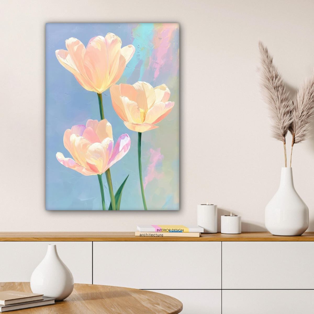 LEINWANDBILD Tulpen - Rosa Akzente - Blau Wandbild Wohnzimmer 60x80 cm - Pastellblau, Textil (60/80cm) - MuchoWow