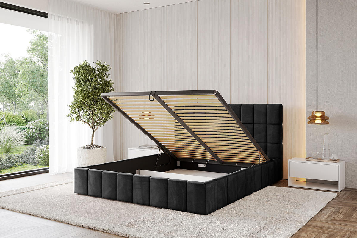 POLSTERBETT mit Bettkasten und Lattenrost, Boxbett ohne Matratze - AMEA 120x200 Schwarz - Schwarz, Holzwerkstoff/Textil (120/200cm) - ALTDECOR