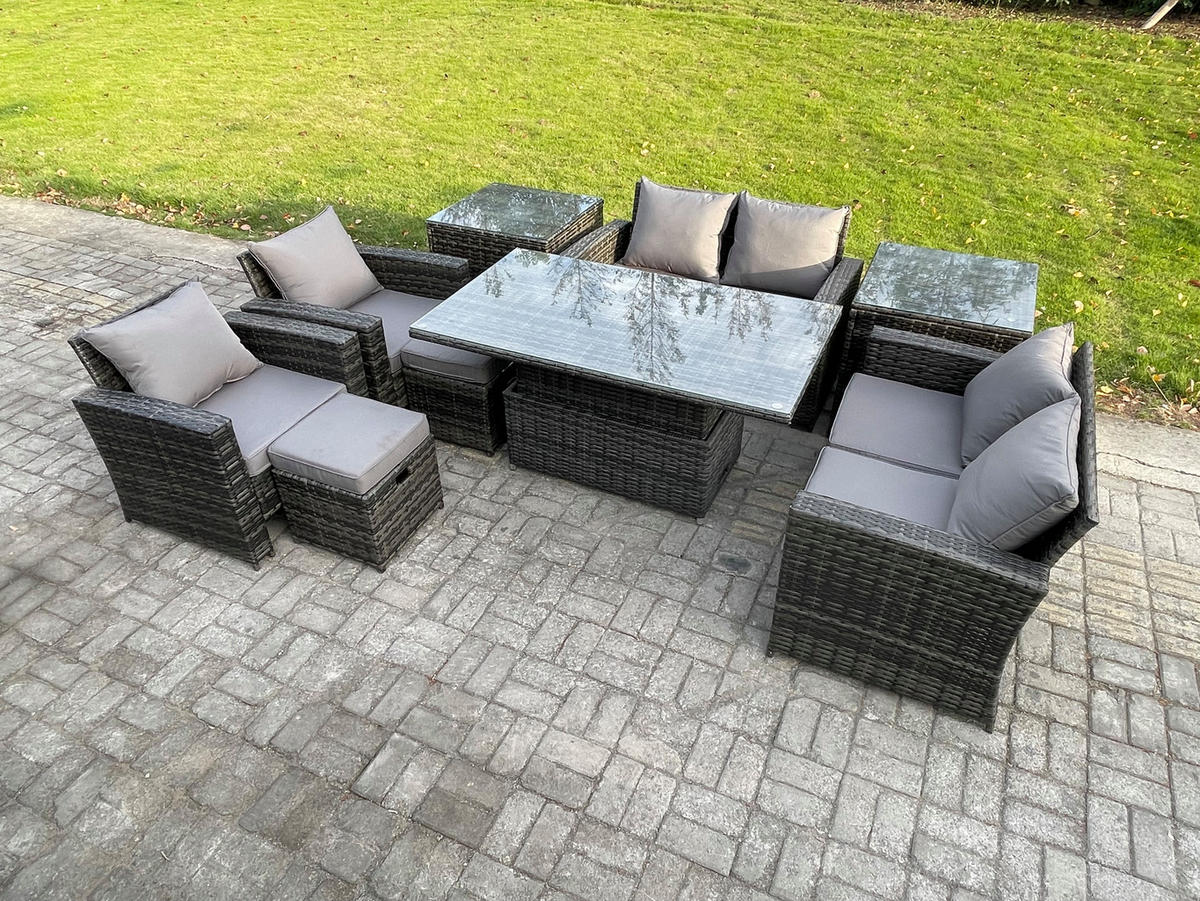 GARTENMÖBEL SET mit höhenverstellbarer Tisch Polyrattan Dunkelgrau 8-Sitzer - Dunkelgrau, Metall - Fimous