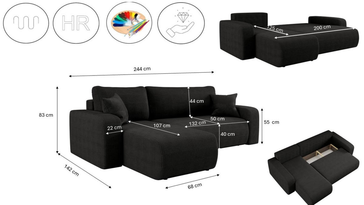 ECKSOFA L-FORM Schlaffunktion Und Bettkasten Eckcouch MILANO L Stoff Dicker Cord Schwarz Links - Schwarz, Holz/Textil (142/244cm) - Kaiser Möbel