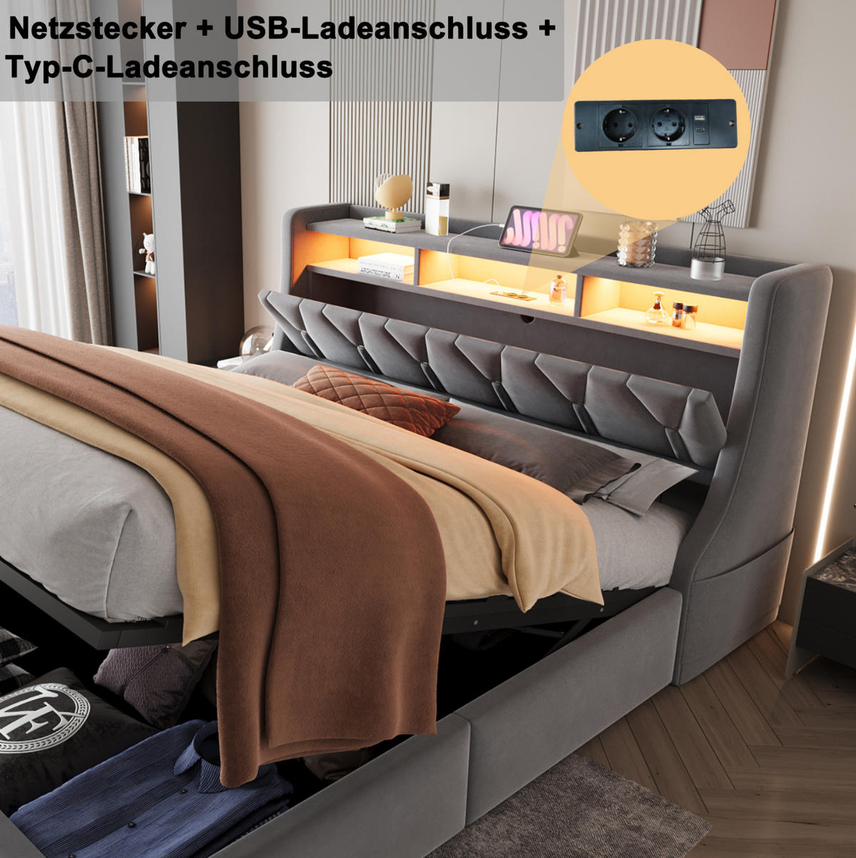POLSTERBETT aus Samtstoff 180x200 cm Grau mit LED-Beleuchtung, USB-/Typ-C-Anschluss und hydraulischem Bettkasten - Grau, Textil (180/200cm) - Modfu