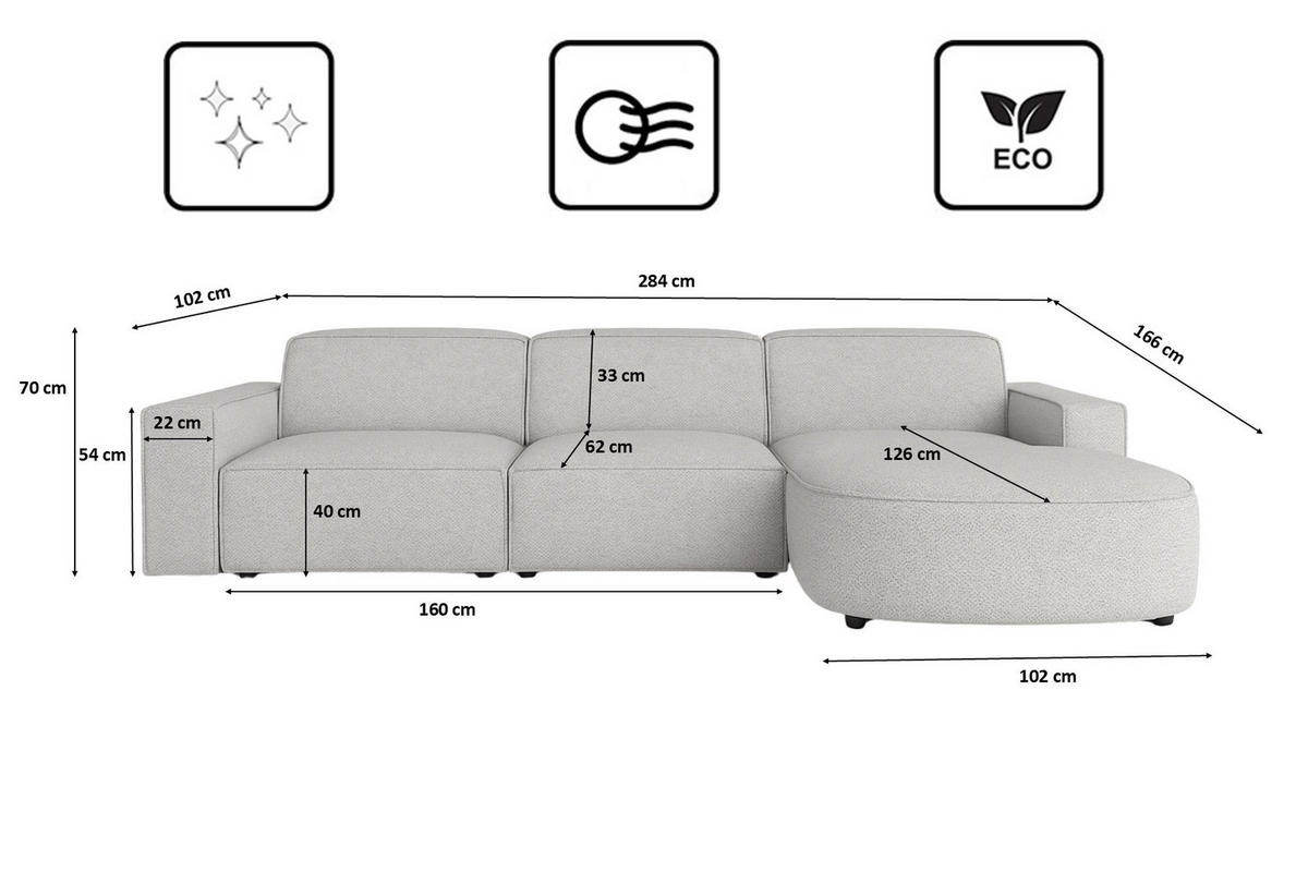 ECKSOFA Cursal Round L-Form, Stoff Artico, Cement, Rechts - Grau, Holz (284/166cm) - Kaiser Möbel