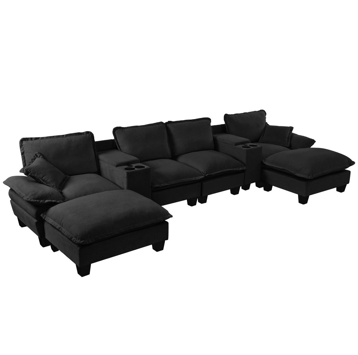 WOHNLANDSCHAFT aus Chenille 392x151x90 cm Schwarz mit USB-Anschluss, Stauraum, Getränkehaltern und 2 Ottomanen - Schwarz, Textil (392/90/151cm) - Modfu