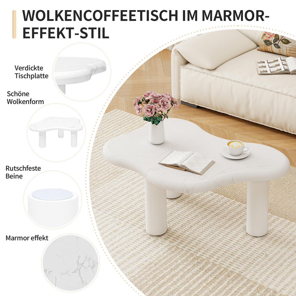 COUCHTISCH 90/62/40 cm weiß aus Holzwerkstoff in Marmoroptik mit wolkenförmiger Tischplatte - Weiß, Holzwerkstoff (90.8/62.5/40cm) - OKWISH