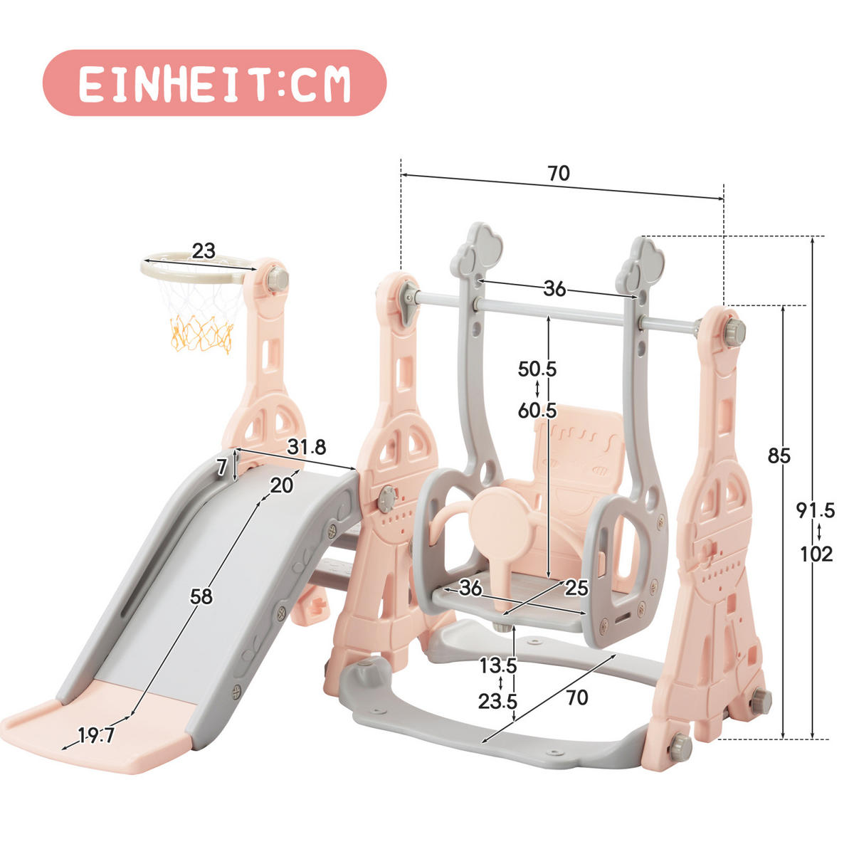 KINDERRUTSCHE mit Schaukel 4-in-1 –Rosa, Mit Basketballkorb & 3-fach höhenverstellbarer Schauke, Spielgerät für Kinder - Rosa, Kunststoff (140/102/118cm) - BursDany