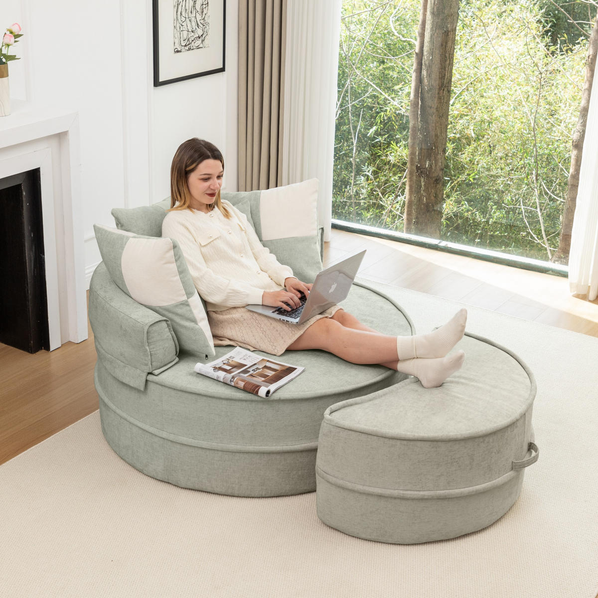 SOFA Chenille Mintgrün mit Hocker und Kissen - Grün, Textil (163/66/121cm) - WISHDOR