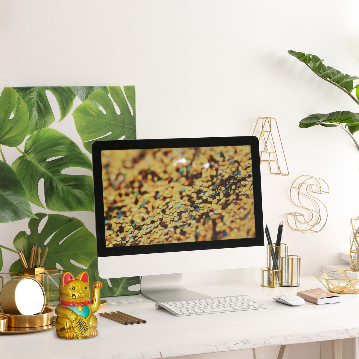 WINKEKATZE - zlatá, kov/plast (10/16/8cm) - Relaxdays