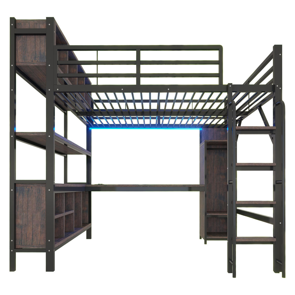 HOCHBETT Schwarz 140×200cm mit Schreibtisch, Kleiderschrank, LED-Beleuchtung und Sicherheitsgeländer - Schwarz, Metall (140/200cm) - Luhomfu