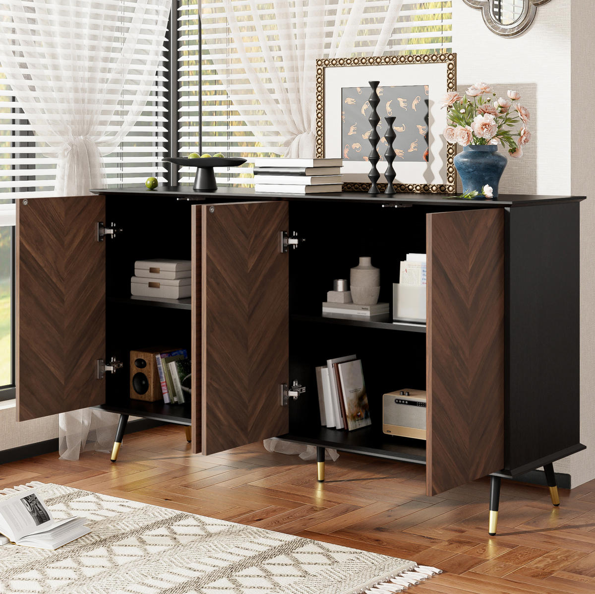 SIDEBOARD 140/40/80 cm in Schwarz/Braun mit 4 Türen und verstellbaren Regalen - Schwarz, Holzwerkstoff (140/80/40cm) - Flora Grace