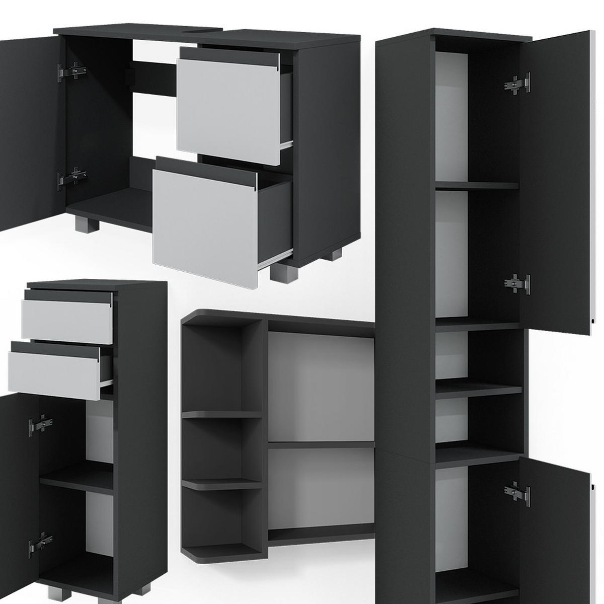 BADMÖBEL-SET J-Shape Anthrazit 4 Teile - Anthrazit/Weiß, Holzwerkstoff (80/60/33cm) - Vicco