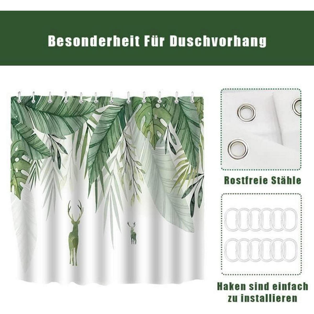 DUSCHVORHANG 180 x 180 cm Grün Blätter Blumen Wasserdicht Polyester - Grün, Textil (180/180cm)