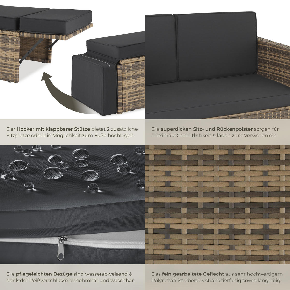 RATTANLOUNGE Korfu,Hocker mit klappbarer Stütze,natur - Naturfarben, Kunststoff - tectake