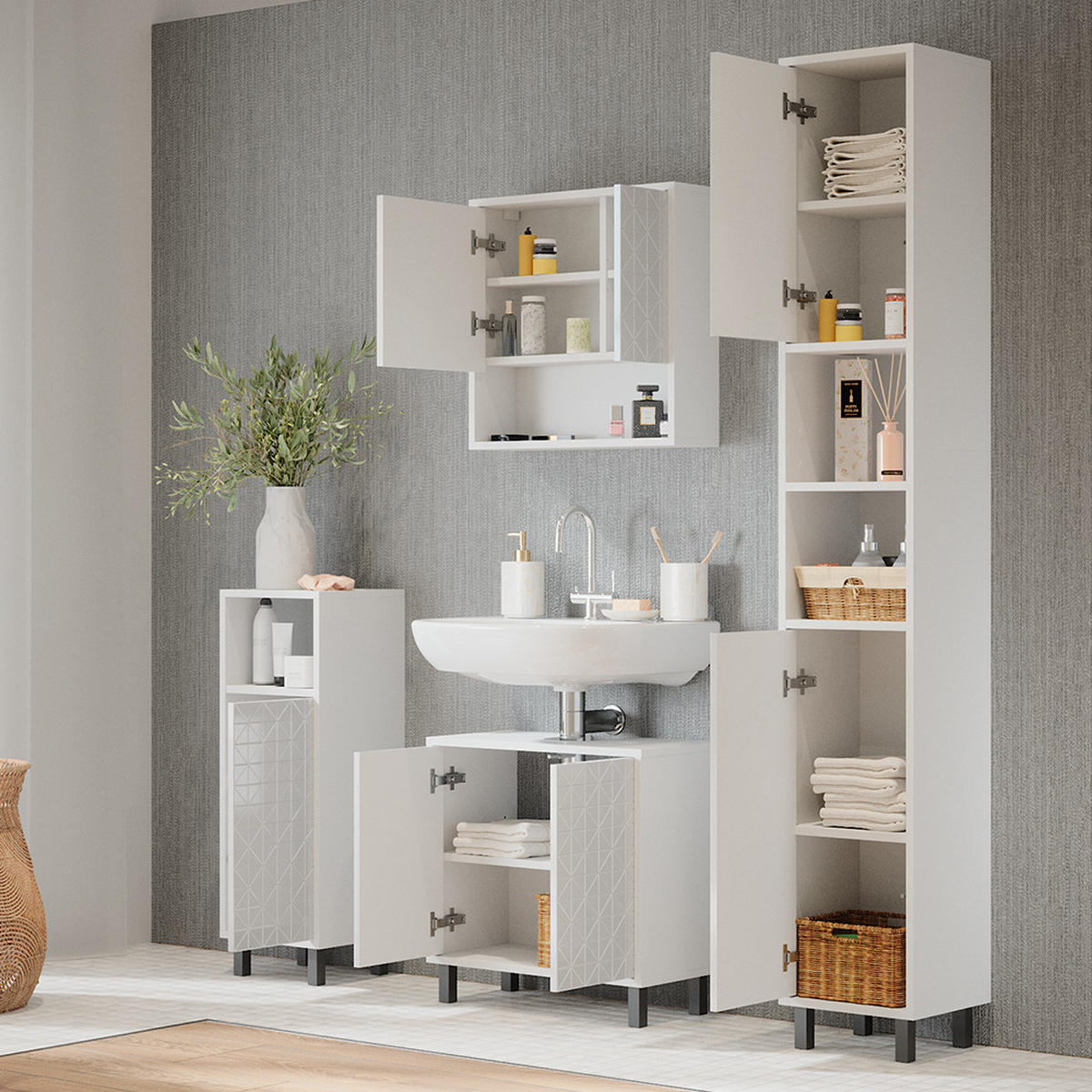 BADMÖBEL-SET Agasta Weiß 4 Teile, mit Hochschrank und Kommode - Weiß, Holzwerkstoff (56/57/28cm) - Vicco