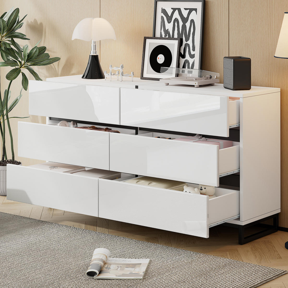 SIDEBOARD, 6 Schubladen, Hochglanz, Weiß/Schwarz, 140x39.5x78.5cm - Weiß, Holzwerkstoff (39.5/78.5/140cm) - FLIEKS