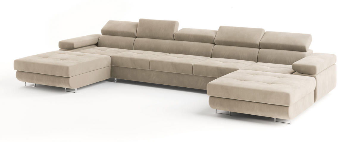 WOHNLANDSCHAFT OMBRA Creme Velours-Stoff mit Schlaffunktion - Creme, Holz (425/90/202cm) - MASSENO