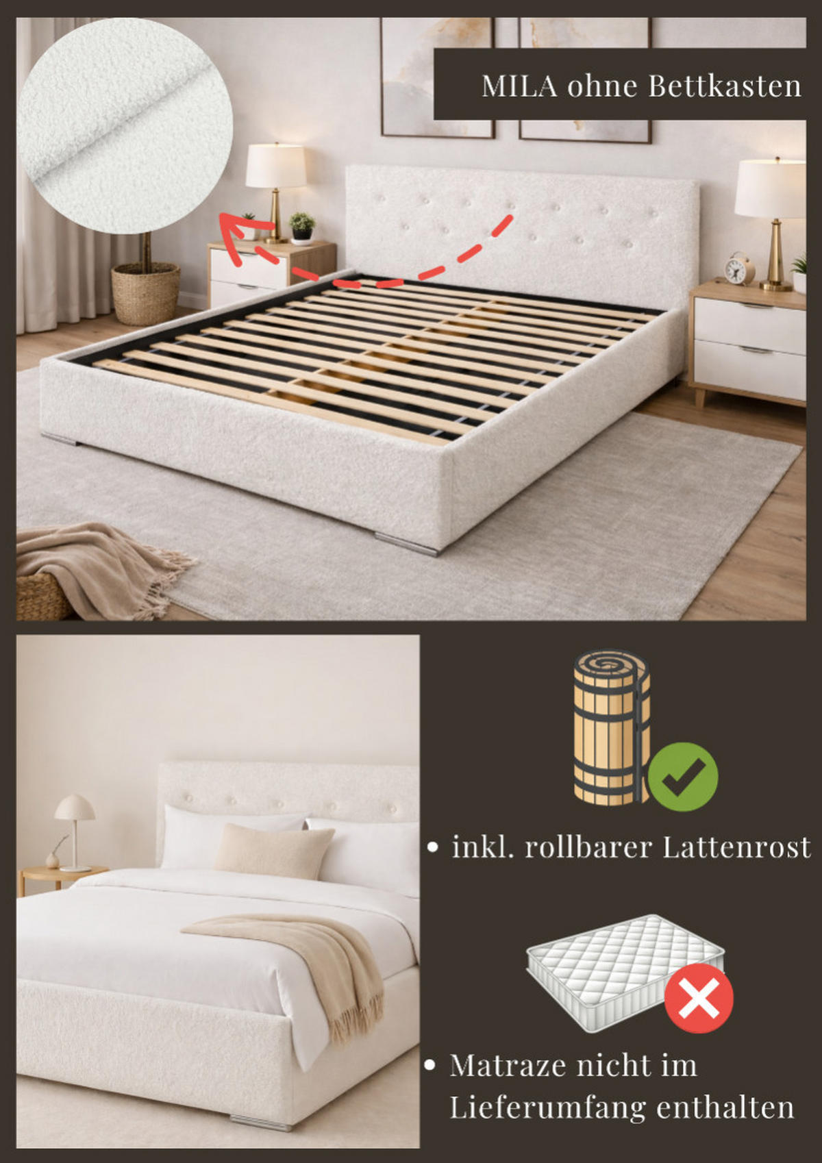 POLSTERBETT MILA 160 mit Lattenrost – Stoff Woolly 07 - Weiß, Holzwerkstoff (160/200cm) - Kier Furniture