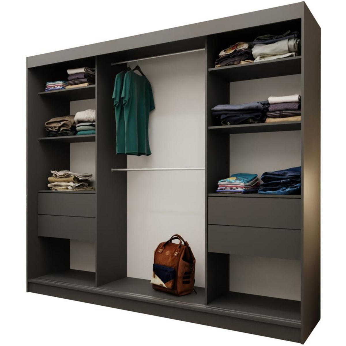 SCHWEBETÜRENSCHRANK Marika 240/216/61 graphit mit Spiegel und Schubladen - Graphitfarben, Holzwerkstoff (240/216/61cm) - Beautysofa