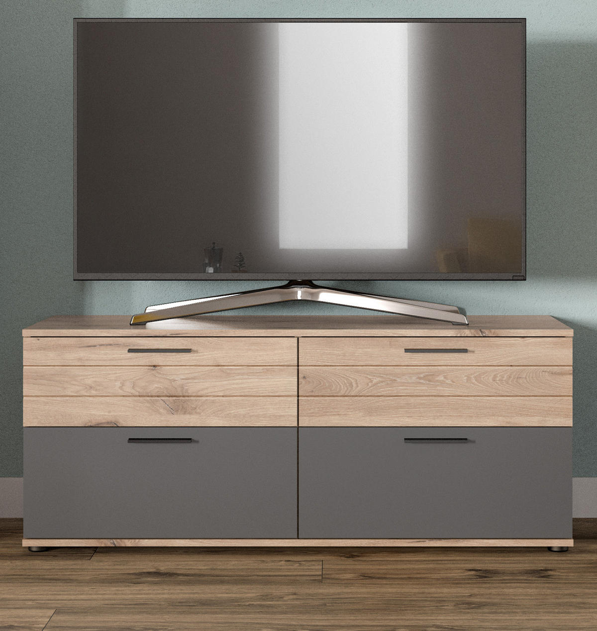 TV-UNTERTEIL Eiche, grau 130 cm, Lowboard mit Soft-Close, Wohn- und Esszimmermöbel - Eichefarben/Schwarz, Holzwerkstoff/Kunststoff (130/53/47cm) - Inn.Furn