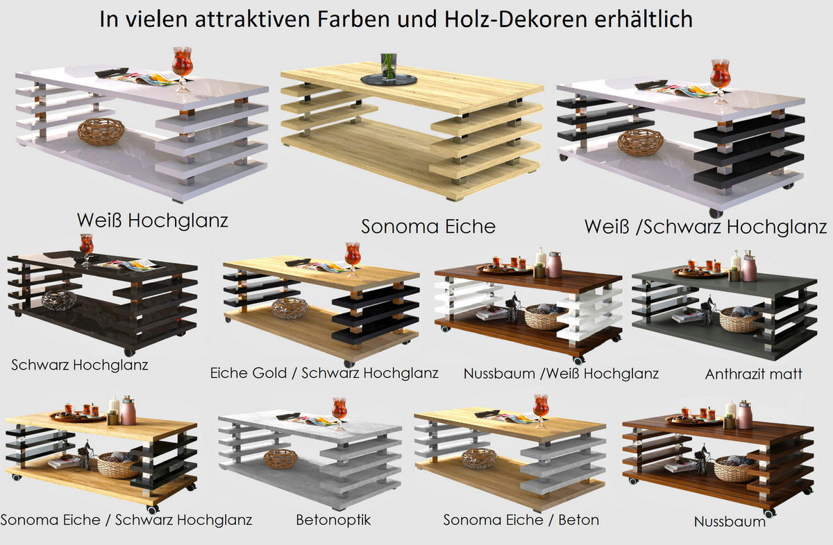 COUCHTISCH rechteckig Sonoma Eiche - Weiß Hochglanz Ablage Rollen - Weiß Hochglanz/Sonoma Eiche, Holzwerkstoff (60/120/45cm) - designimpex