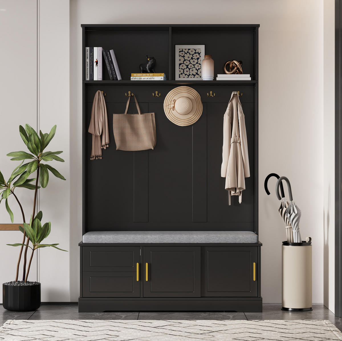 GARDEROBE 120/191/40 cm Schwarz aus Spanplatte mit Sitzbank und Schuhablage - Schwarz, Holzwerkstoff (40/191/120cm) - OKMYHOME