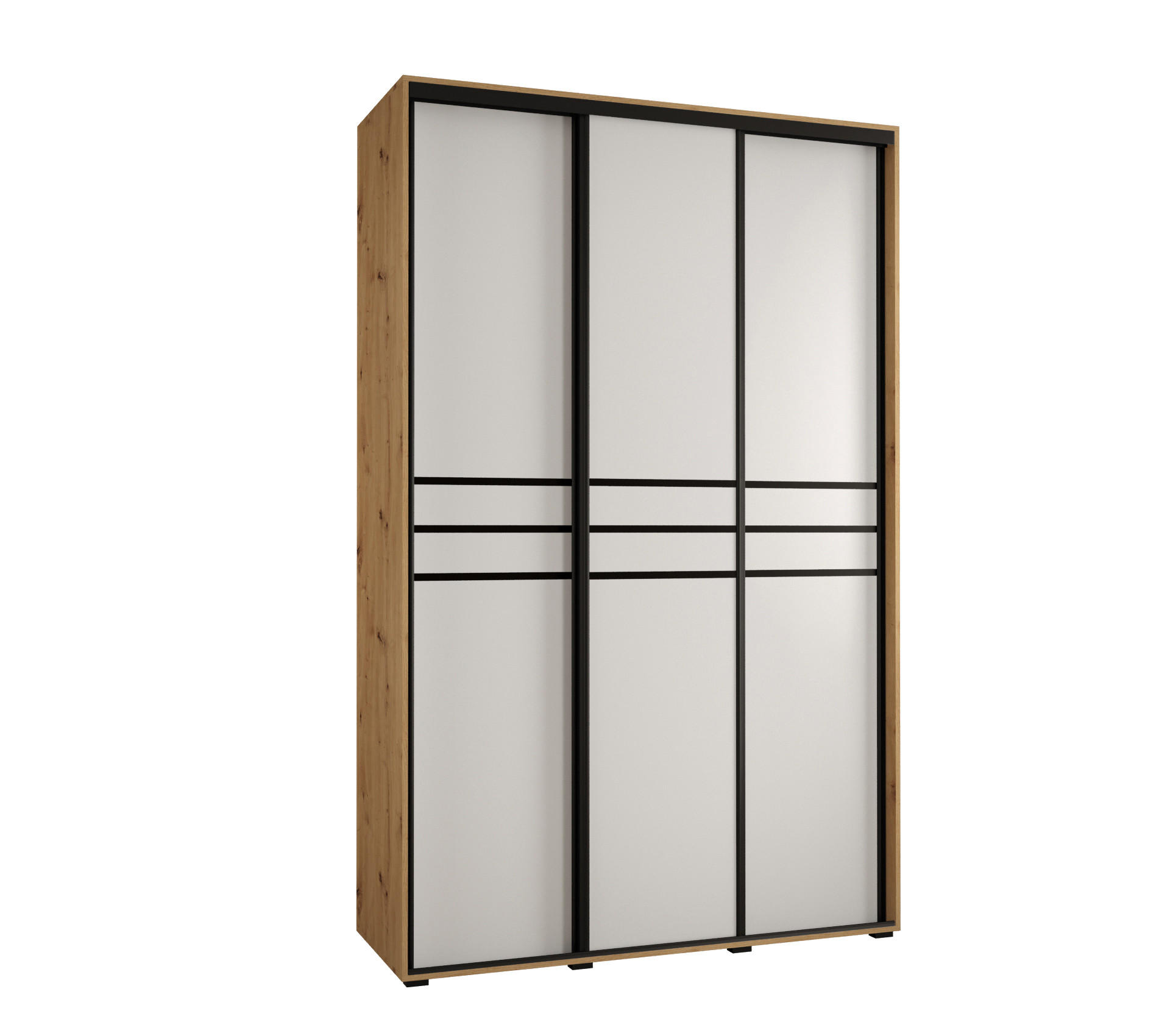 Abiks Möbel Schwebetürenschrank Eiche Artisan, Weiß, Schwarz 150x235x45 cm