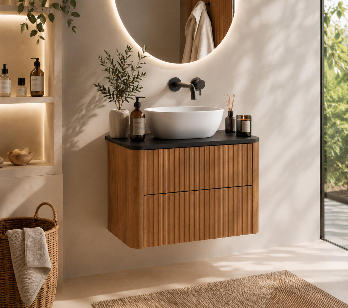 BADEZIMMERSCHRANK: Craft-Eiche, Platte Schwarz, 60,8 x 44,2 x 50 cm - Eichefarben/Schwarz, Holzwerkstoff (60.8/48.4/44.2cm) - 3XE LIVING