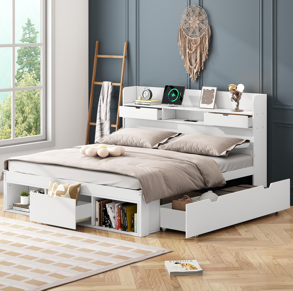 POLSTERBETT 140/190 cm Weiß mit Stauraum und USB- und Type-C-Anschlüssen - Weiß, Holz (140/190cm) - Flora Grace