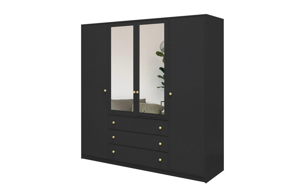 DREHTÜRENSCHRANK GALIO 196/200/57,5 cm 4-türig mit Spiegel Schwarz - Schwarz, Holzwerkstoff (196/200/57.5cm) - MASSENO