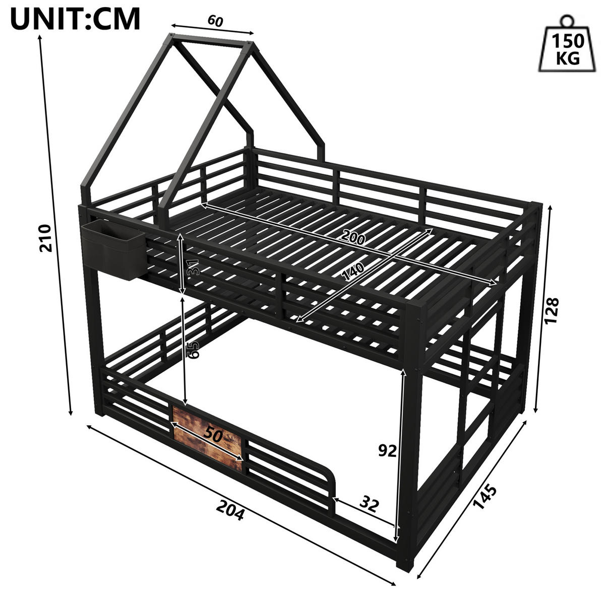 ETAGENBETT Metall & Holzwerkstoff 140x200 cm Schwarz mit LED, Hausbett-Design, Stofftaschen & Sicherheitsgeländer - Schwarz, Metall (140/200cm) - Modfu