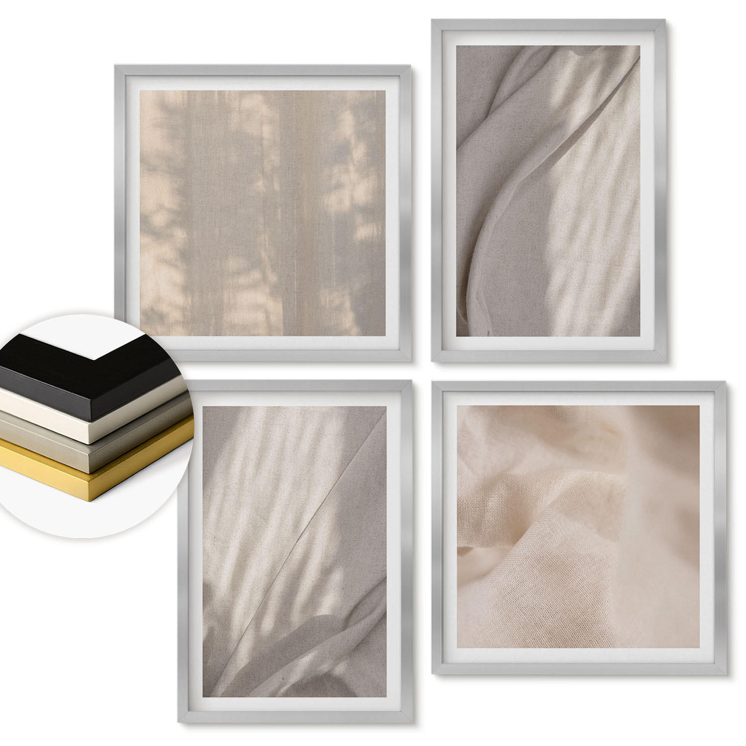 WANDBILDER 4er Set - 50x50 cm & 40x60 cm Silberner Rahmen - Nahaufnahme von natürlichen Boho-Stoffen - Silberfarben, Kunststoff (50/50cm) - ArtPrintCave