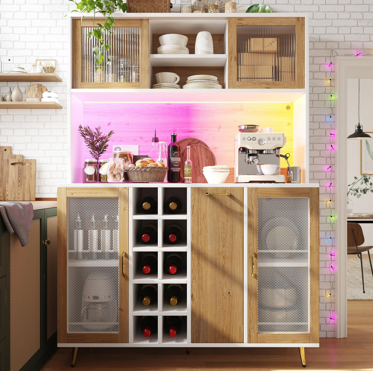 BUFFETSCHRANK 120/40/170 cm mit LED-Beleuchtung, Steckdose, Weinregal und viel Stauraum, Weiß/Holzdekor - Weiß, Holzwerkstoff (120/170/40cm) - Redom