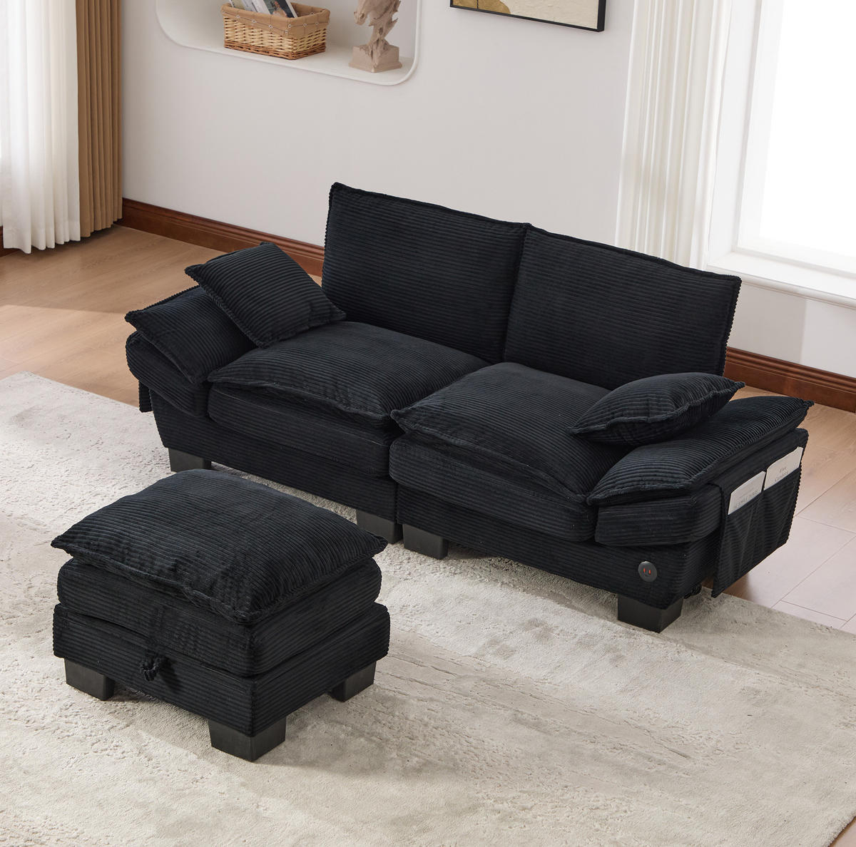SOFA 2-Sitzer mit Hocker 190 x 132 cm Cord Schwarz - Schwarz, Kunststoff (132/190cm) - Meubliv