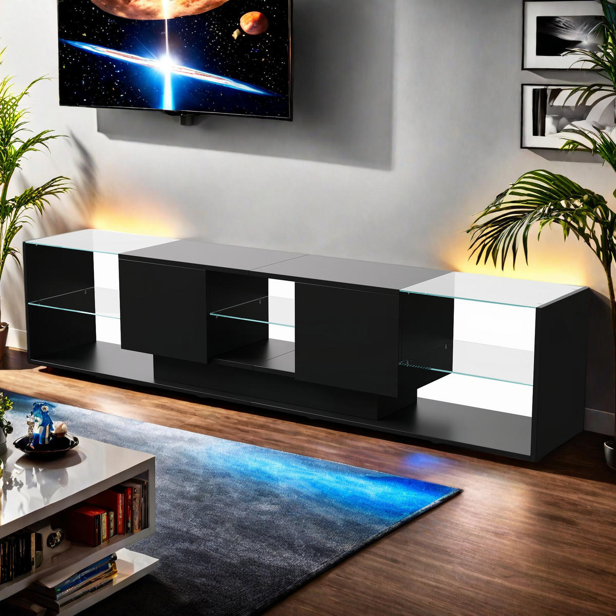 LED TV-TISCH 200CM SCHWARZ PRAKTISCHE AUFBEWAHRUNG - Schwarz, Holzwerkstoff (35/45/200cm) - SHOPENTRA