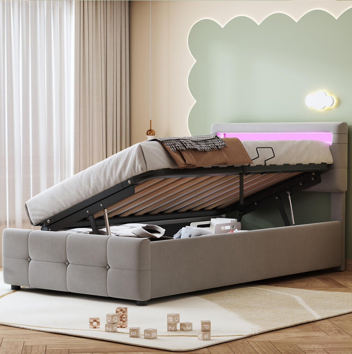 POLSTERBETT 90/200 cm Grau mit LED-Beleuchtung und Stauraum - Grau, Textil (90/200cm) - Flora Grace