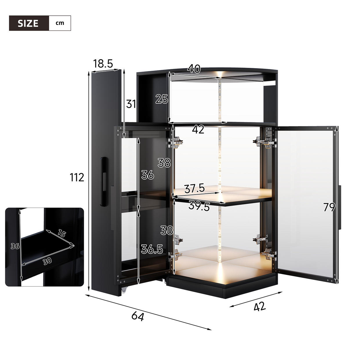 VITRINE LED ESG Glas Ausziehbar 112cm Sammlervitrine Schwarz - Schwarz, Glas (64/112/42cm) - FLIEKS