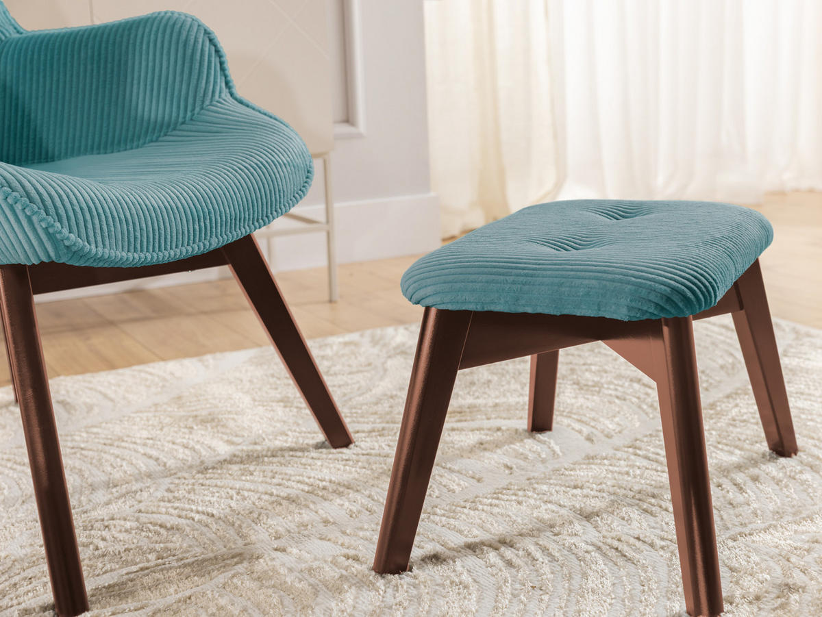 LOUNGESESSEL mit Fußhocker Lenari Türkis Cordstoff mit Füßen in Braun - Türkis/Braun, Holz/Textil (71/96/86cm) - S-Style Möbel