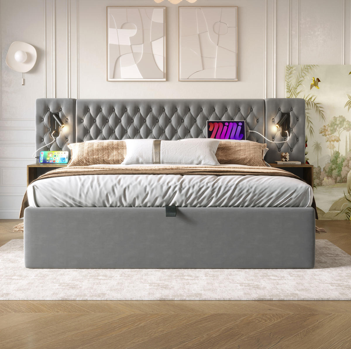 BETT mit Stauraum 160x200 cm Samt Grau mit 2 Nachttischen, 3-tlg. - Grau, Metall (160/200cm) - Beauniv