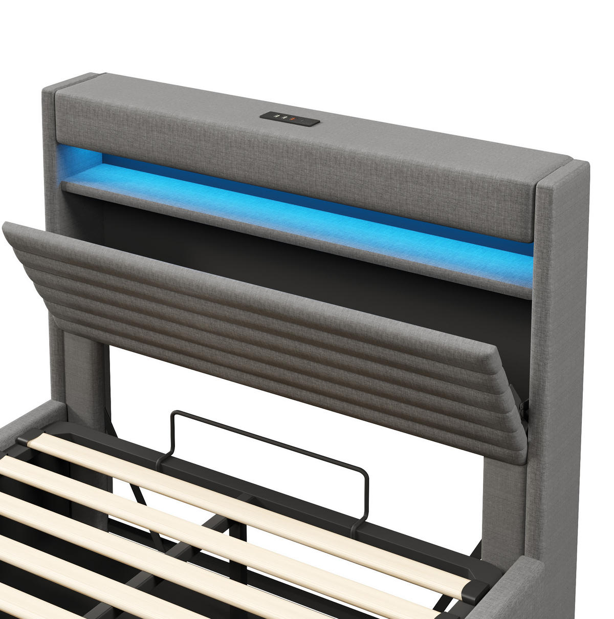 POLSTERBETT 140/200 cm mit LED-Beleuchtung, USB- und Typ-C-Anschluss, hydraulischem Stauraum, Leinen, Grau - Grau, Textil (140/200cm) - Redom