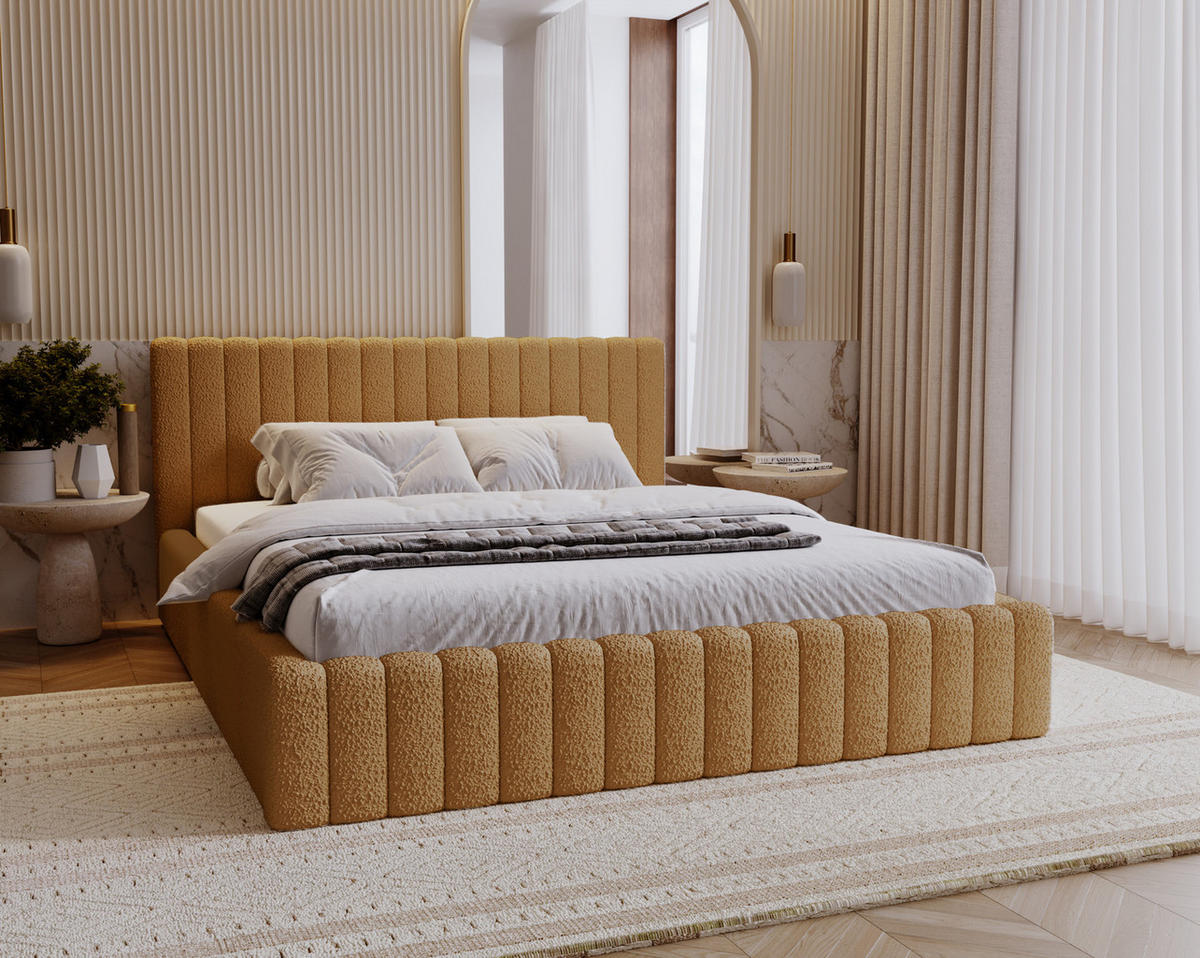 POLSTERBETT 140x200 Billo mit Bettkasten, Boucle Orange - Orange, Holz/Textil (140/200cm) - Emporius