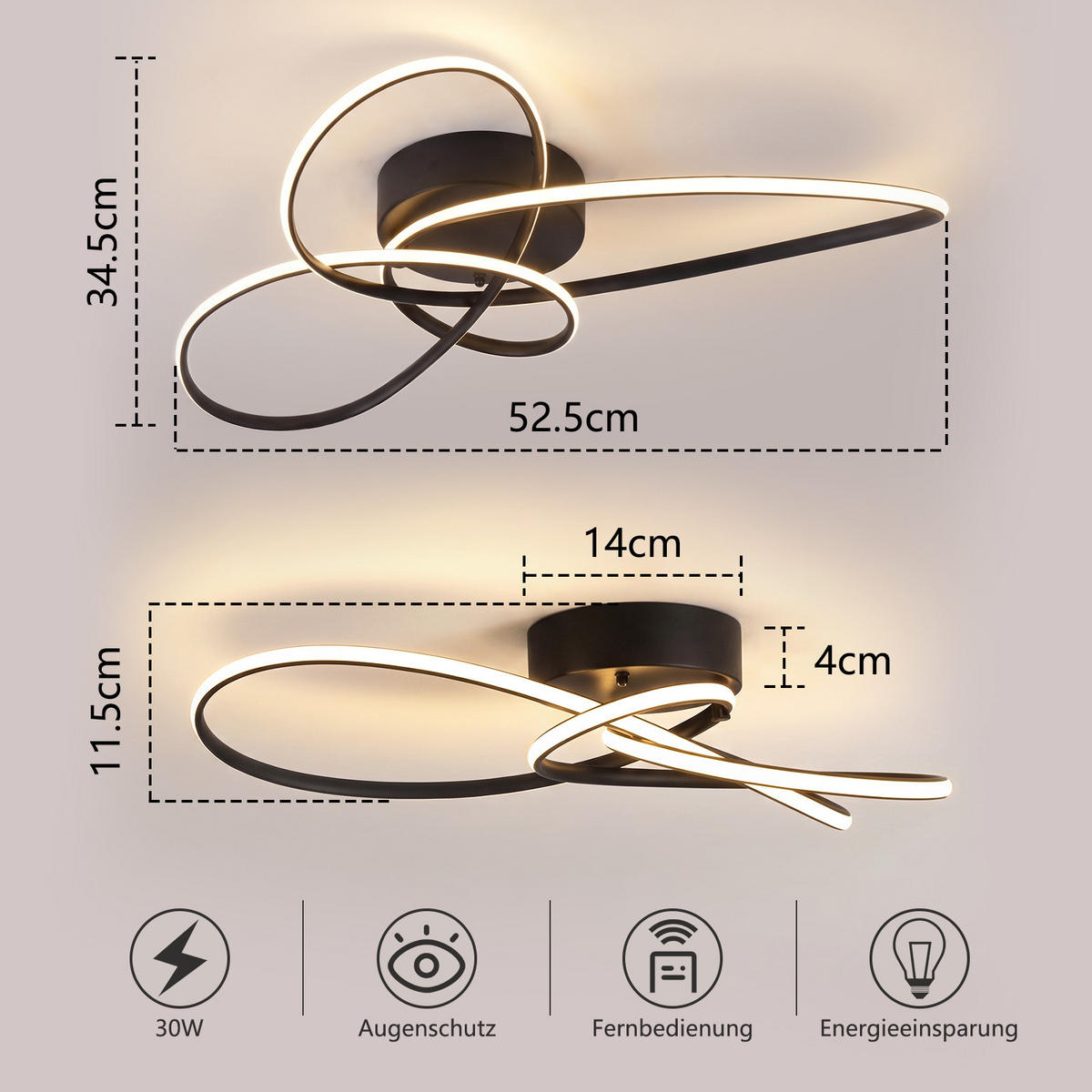 LED DECKENLEUCHTE Myvin 52.5/35.5/11.5 cm - Schwarz, Kunststoff/Metall (52.5/34.5/11.5cm) - ZMH