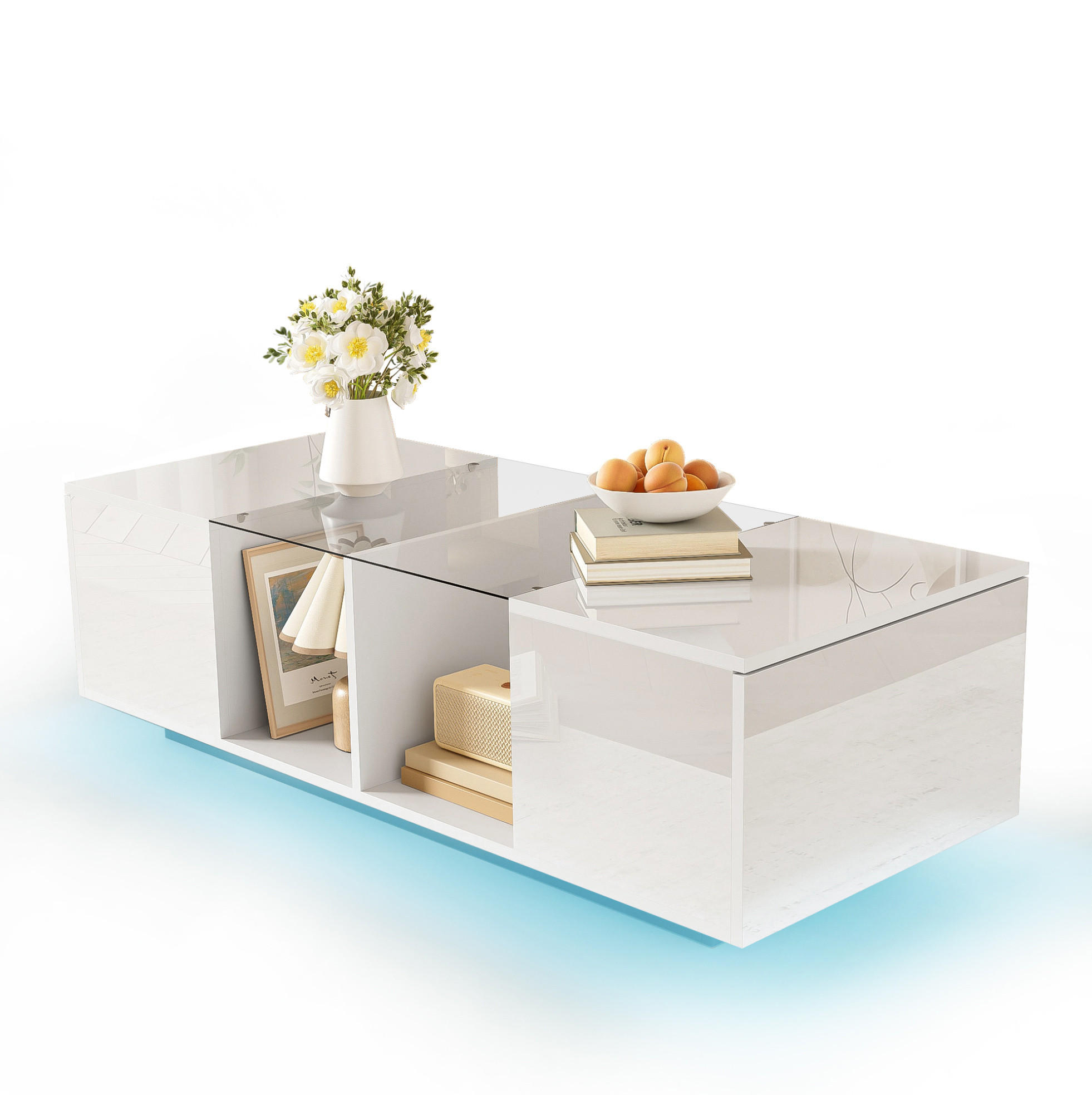 COUCHTISCH 120/50/38.5 cm weiß aus Glas und MDF mit LED-Beleuchtung - Weiß, Holzwerkstoff (120/50/38.5cm) - OKMYHOME