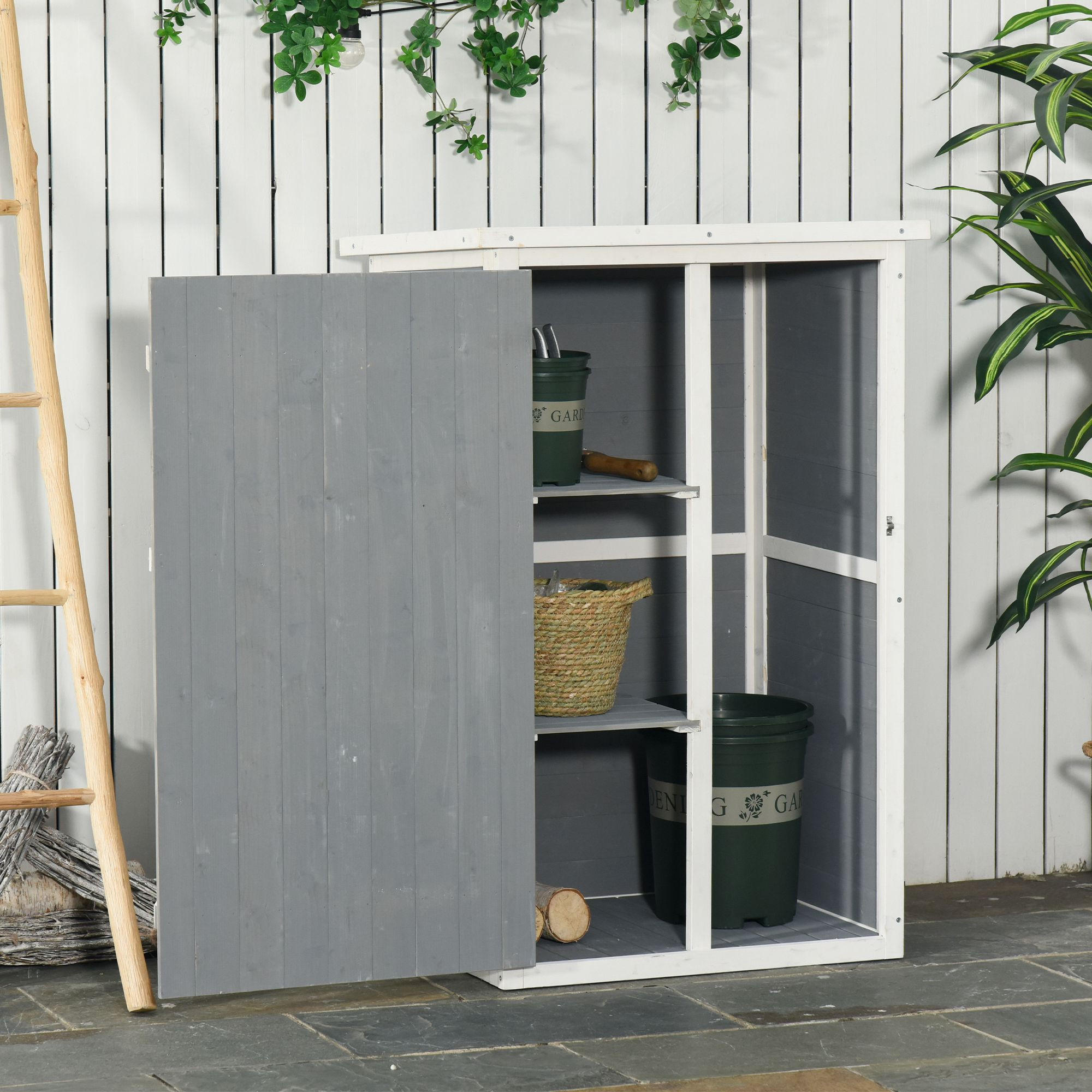 GARTENHAUS Geräteschuppen, mit Regalböden, für Garten, Tanne, Schwarz+Grau+Weiß - Schwarz/Weiß, Holz (56/115/75cm) - Outsunny