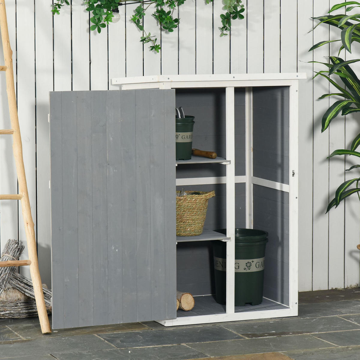 GARTENHAUS Geräteschuppen, mit Regalböden, für Garten, Tanne, Schwarz+Grau+Weiß - Schwarz/Weiß, Holz (56/115/75cm) - Outsunny