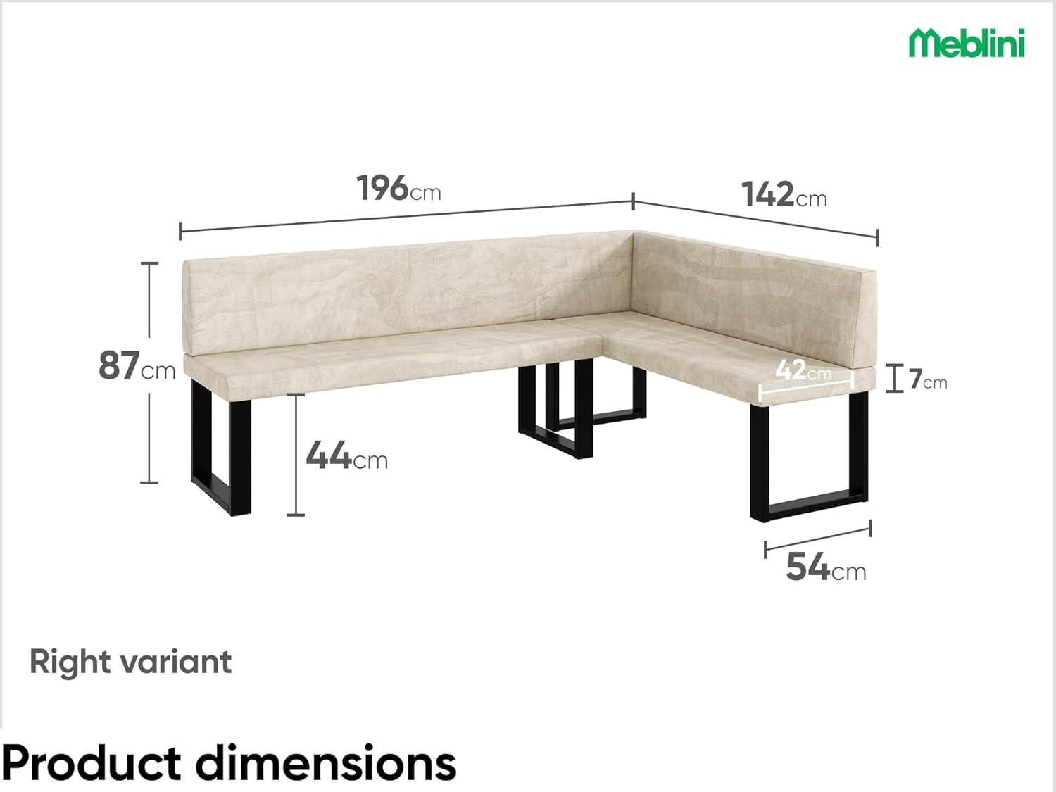 Thumbnail - Meblini Eckbank, Creme, Textil, L-Form, 196x142 cm, Esszimmer, Bänke, Eckbänke